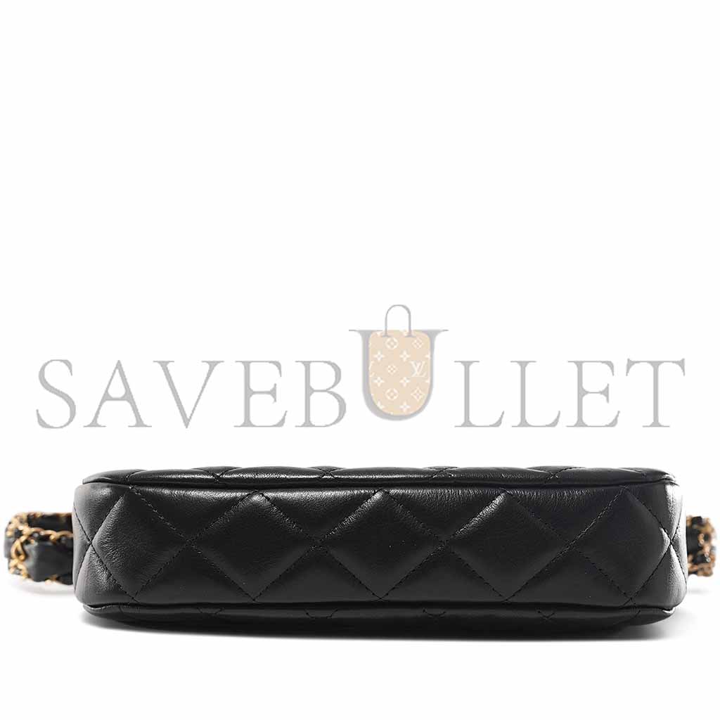 CHANEL BLACK QUILTED LAMBSKIN HOBO BAG BRUSHED GOLD HARDWARE (20.5*12*4.5cm)